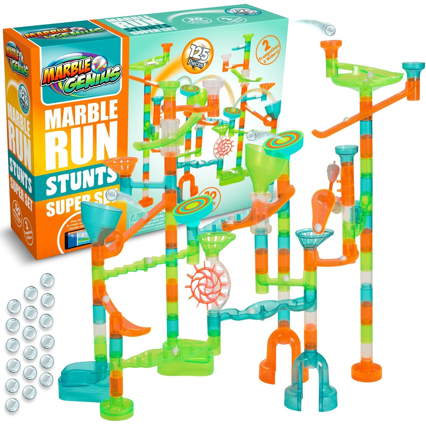 Marble Genius Marble Run Stunts Super Set: 125 Pieces Total, 20 Action Pieces Including 2 New Trampolines, Free Online App and Full-Color Instruction Booklet, Made for Ages 5 and Up