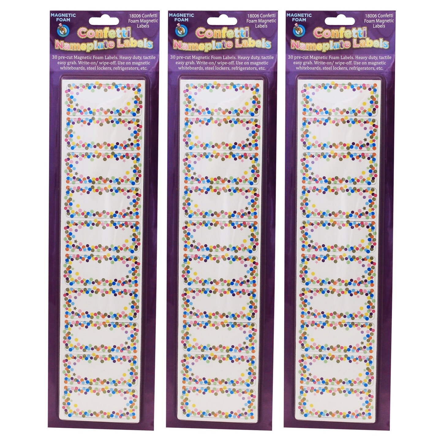 Magnetic Die-Cut Small Foam Nameplates &#x26; Labels, Confetti, 30 Per Pack, 3 Packs
