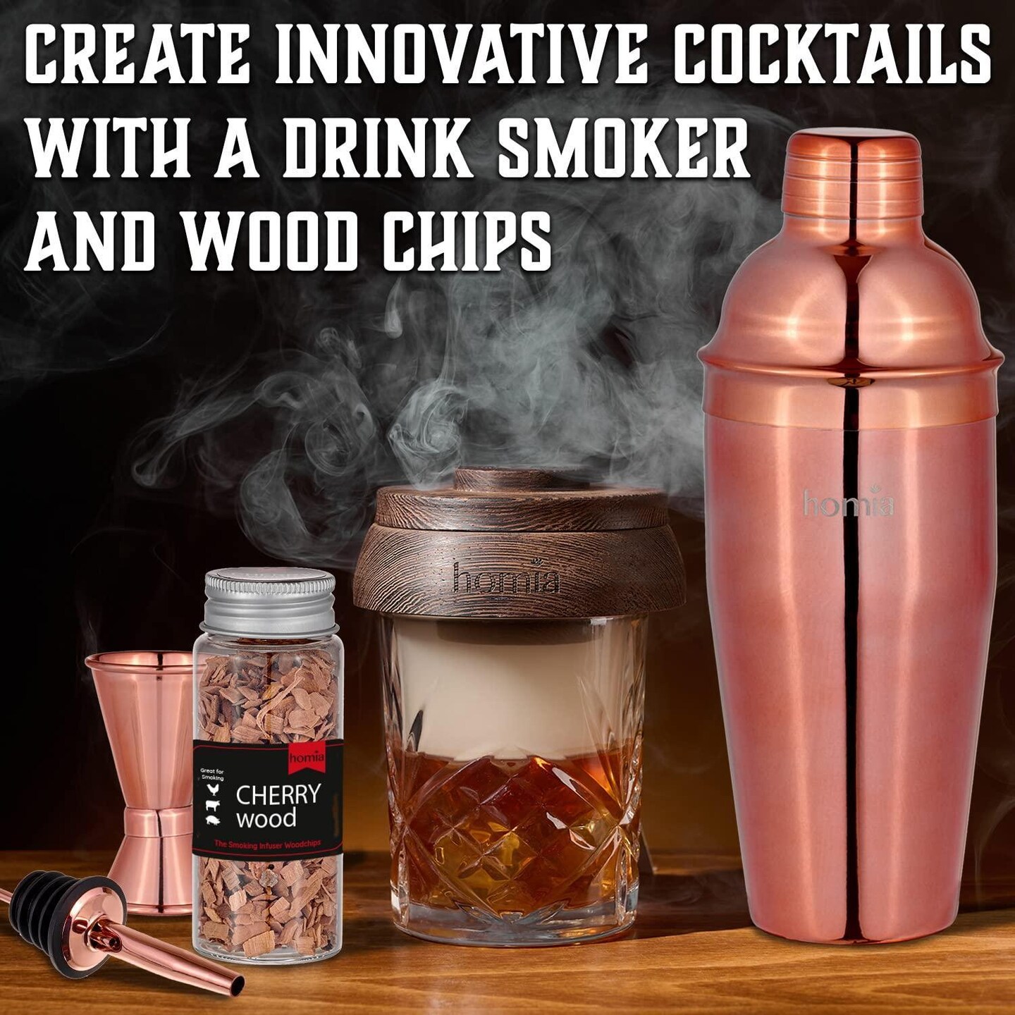 Bartender Kit with Whiskey Smoker 13 pcs Pine Stand Bar Set with Cocktail Shaker Bartending Kit with Essential Bar Accessory Tools Wood Chips Pink Gold (Torch not Included)