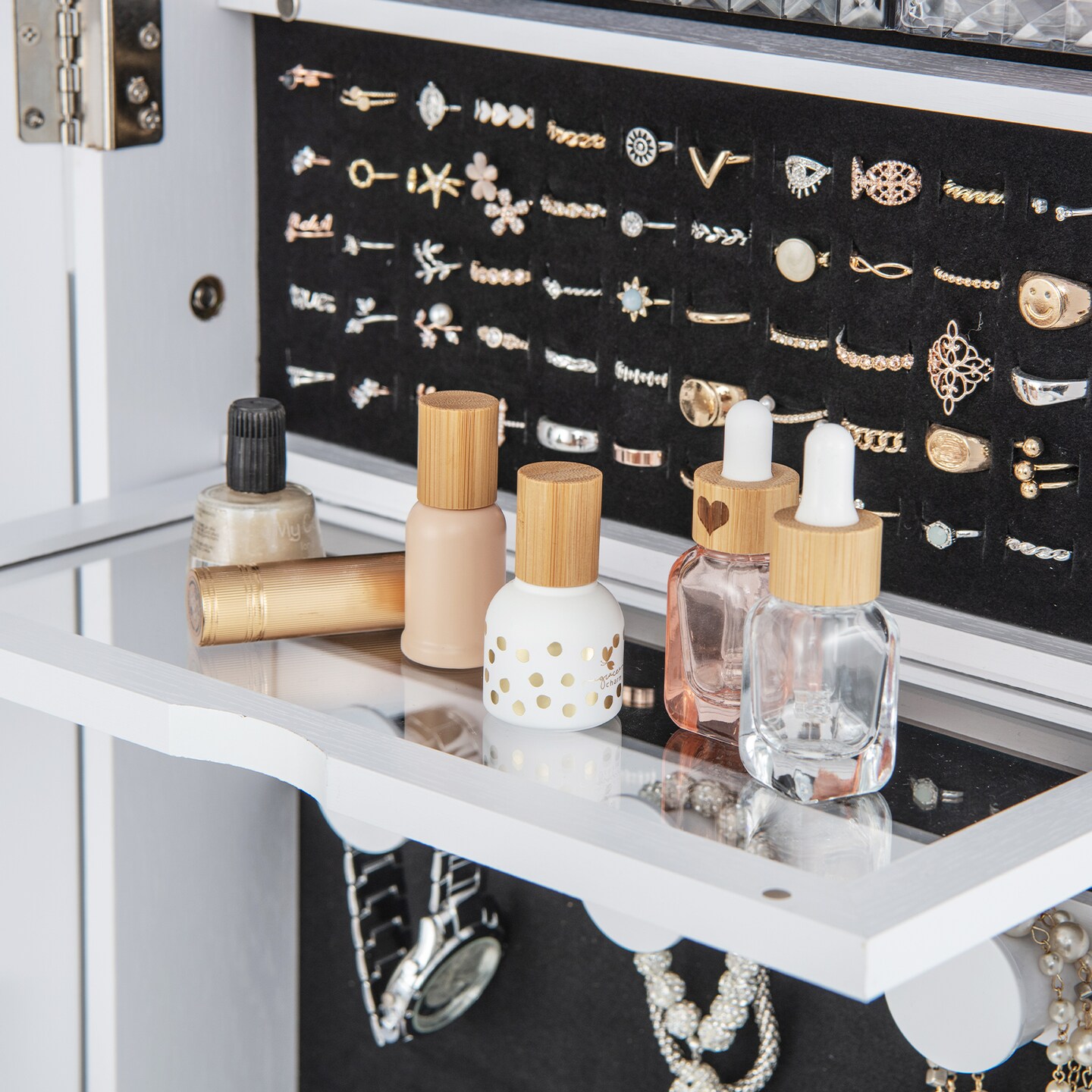 Lockable 360&#xB0; Swivel Jewelry Cabinet with Full-Length Mirror LED Lights-White