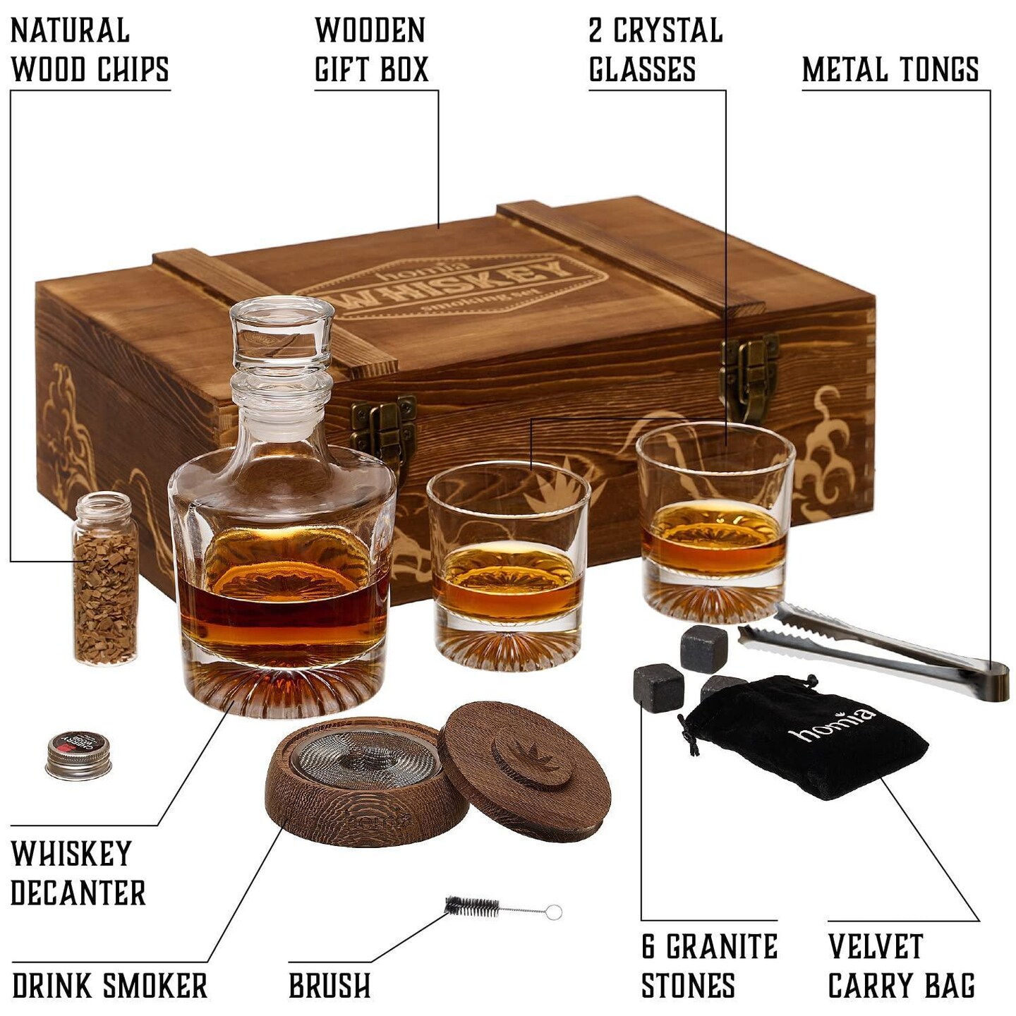 homia Whiskey Gift Set 14 pcs  Whiskey Bottle and Old Fashioned Glasses  2 pcs Cocktail Smoker in Wodden Box with Wood Chips Whickey Stones 6 pcs included  Gift for Men (Torch Not included)