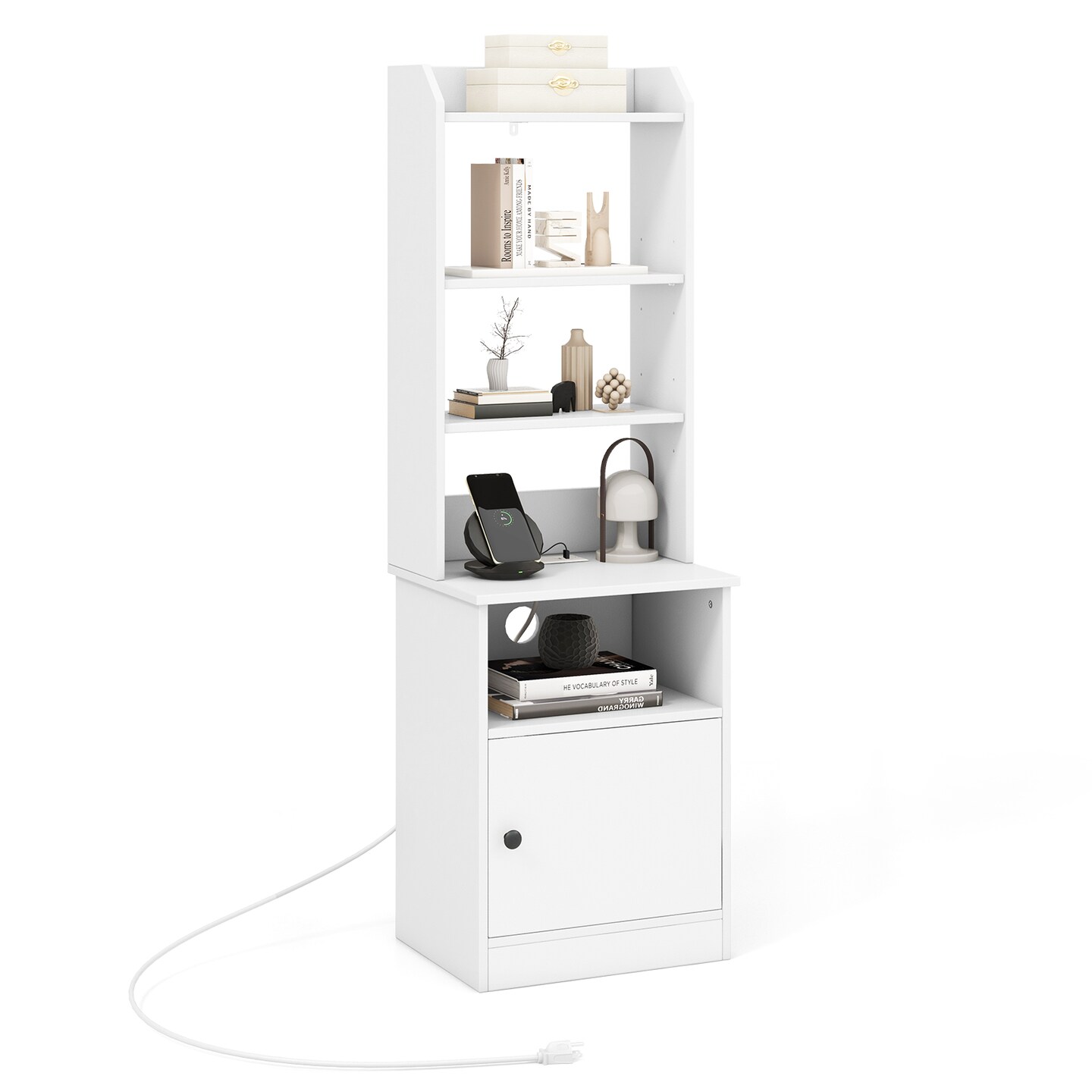 Bedside Tables Tall Nightstands with 5 Open Shelf and Cabinet