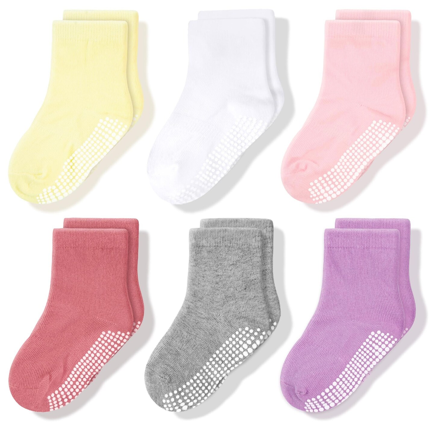 CozyWay Non-Slip Crew Grip Infant Socks, 6 Pack for Girls, Pastel Colors, 6-12 Months