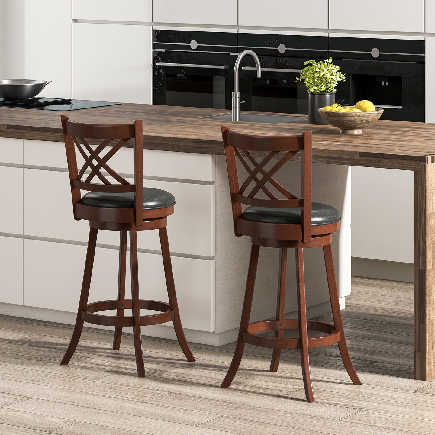 360° Swivel Upholstered Barstools Set Of 2 With Back And Footrest
