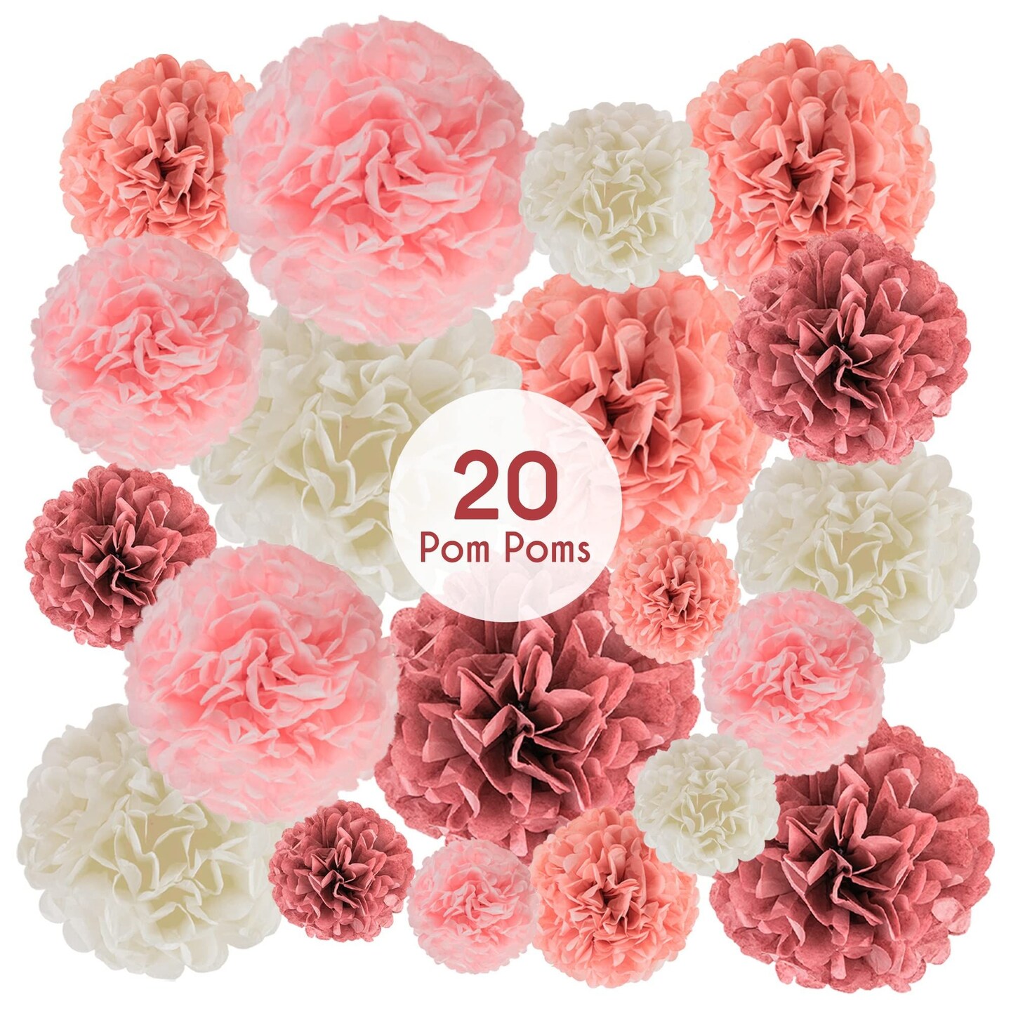 EpiqueOne 20 Piece Tissue Paper Pom Poms | Blush Pink, Dusty Rose, Mauve &#x26; Cream | Colorful Paper Flower Wall Decorations for Bridal Showers, Baby Showers, Weddings, Graduations, Tea Parties &#x26; More