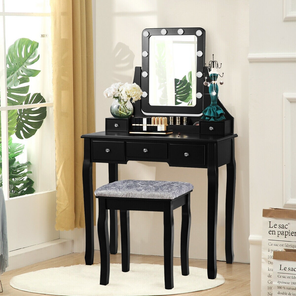 Vanity Dressing Table Set With 10 Dimmable Bulbs And Cushioned Stool