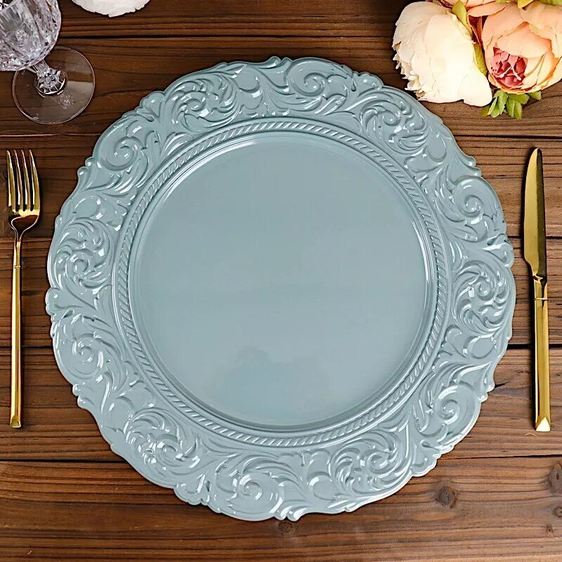 6 DUSTY BLUE 14&#x22; Round Baroque Metallic Charger Plates