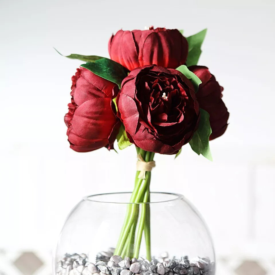 BURGUNDY 10&#x22; Silk Artificial Peony Flowers Bouquet Arrangement