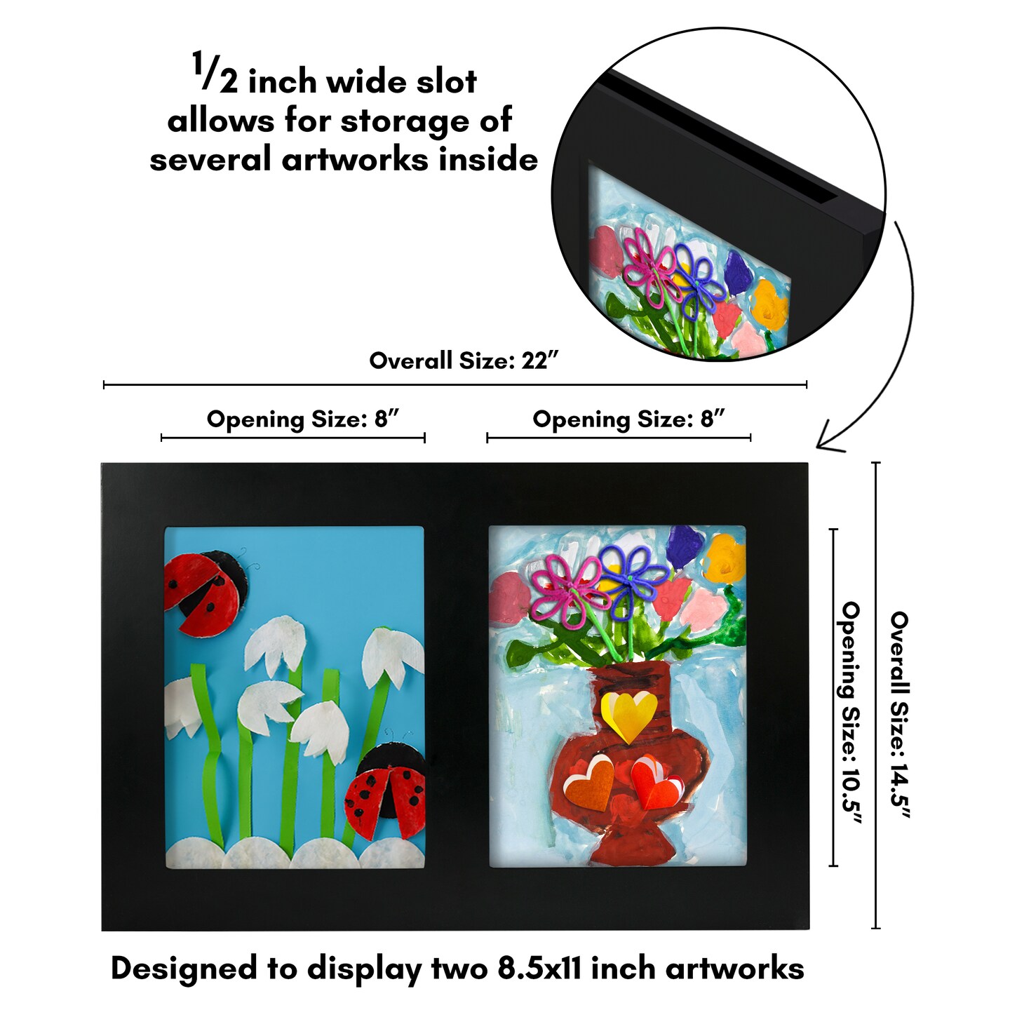 Americanflat 8.5x11 Collage Kids Art Frame - Displays Two 8.5x11 Artworks Side by Side - Showcase 3-Dimensional Artworks - Store Multiple Art Inside - Keyhole Hanging Hardware
