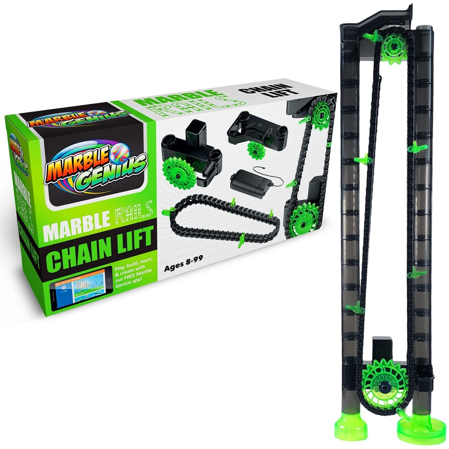 Marble Genius Marble Rails Automatic Chain Lift: Marble Run Playset Accessory, Requires 2 AA Batteries (Not Included), for Ages 8 and Above; Marbles &#x26; Building Pieces Sold Separately