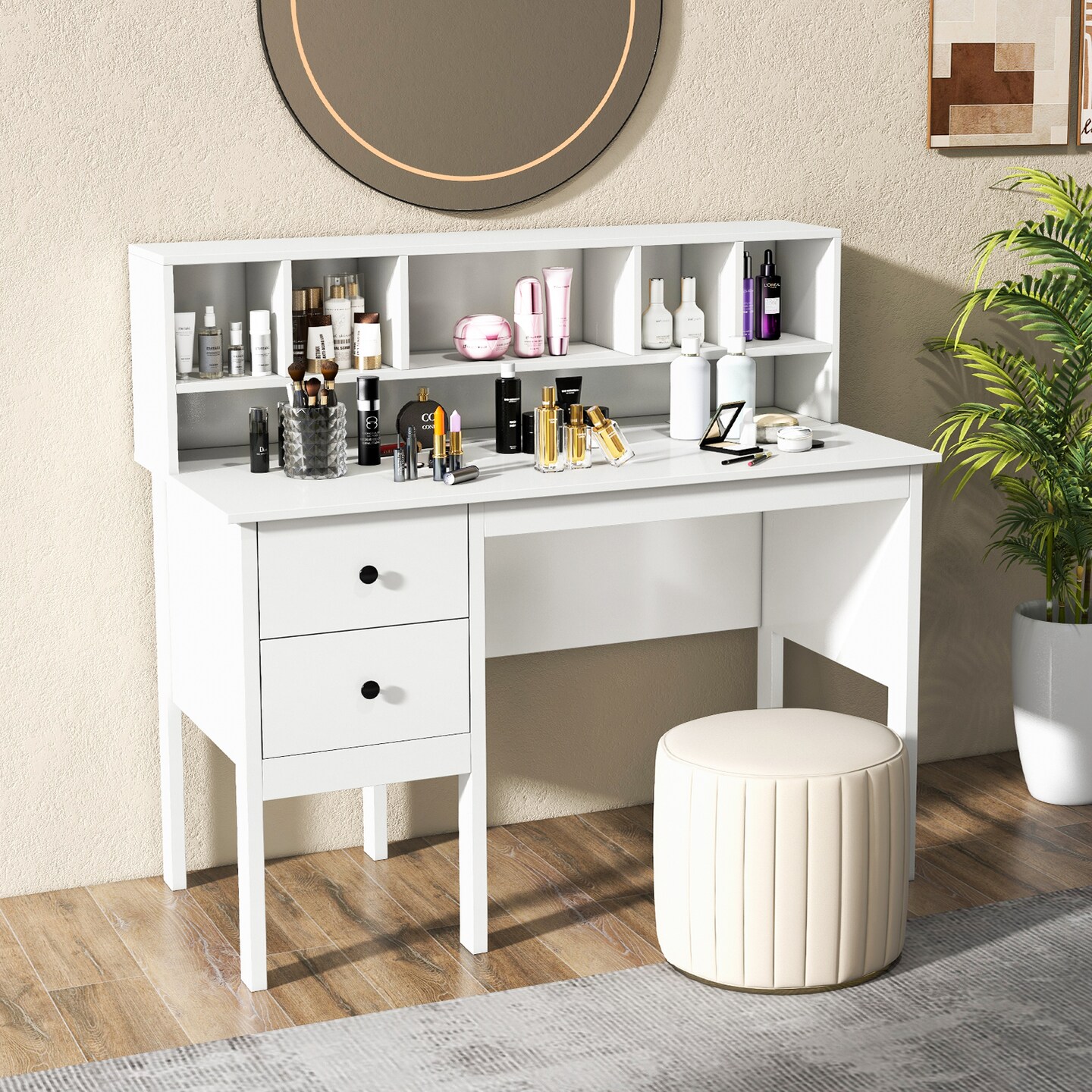 White Engineered Wood Desk with Storage Drawers USB Ports and Hutch