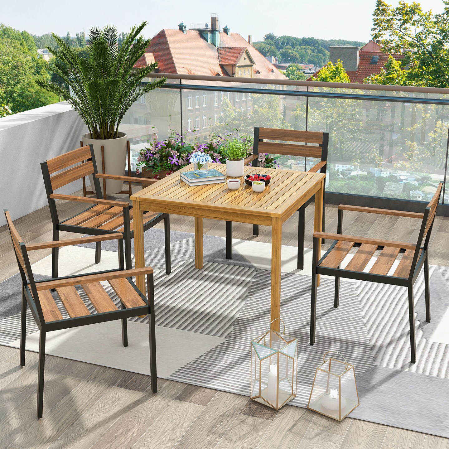 Square Acacia Wood Outdoor Dining Table With Umbrella Hole