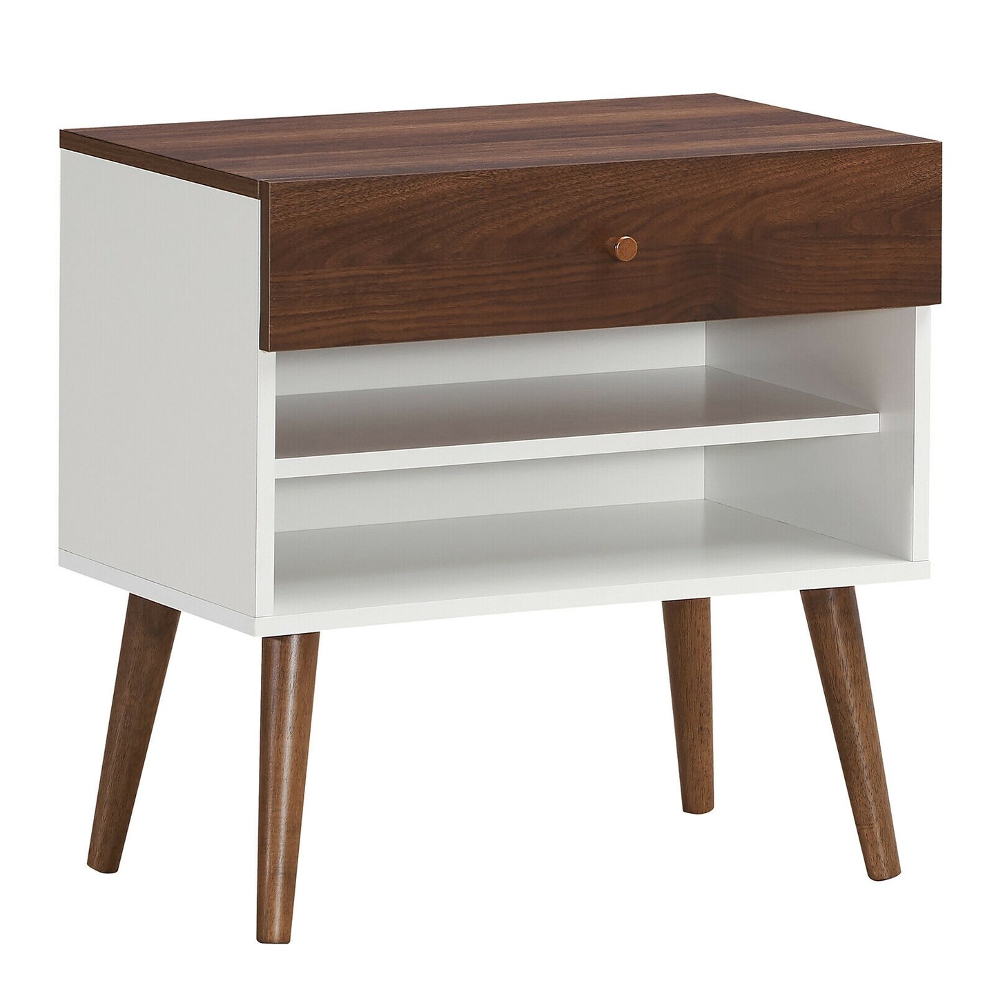 Walnut White Nightstand Engineered Wood Rubber Wood 1 Drawer 2 Open Shelves