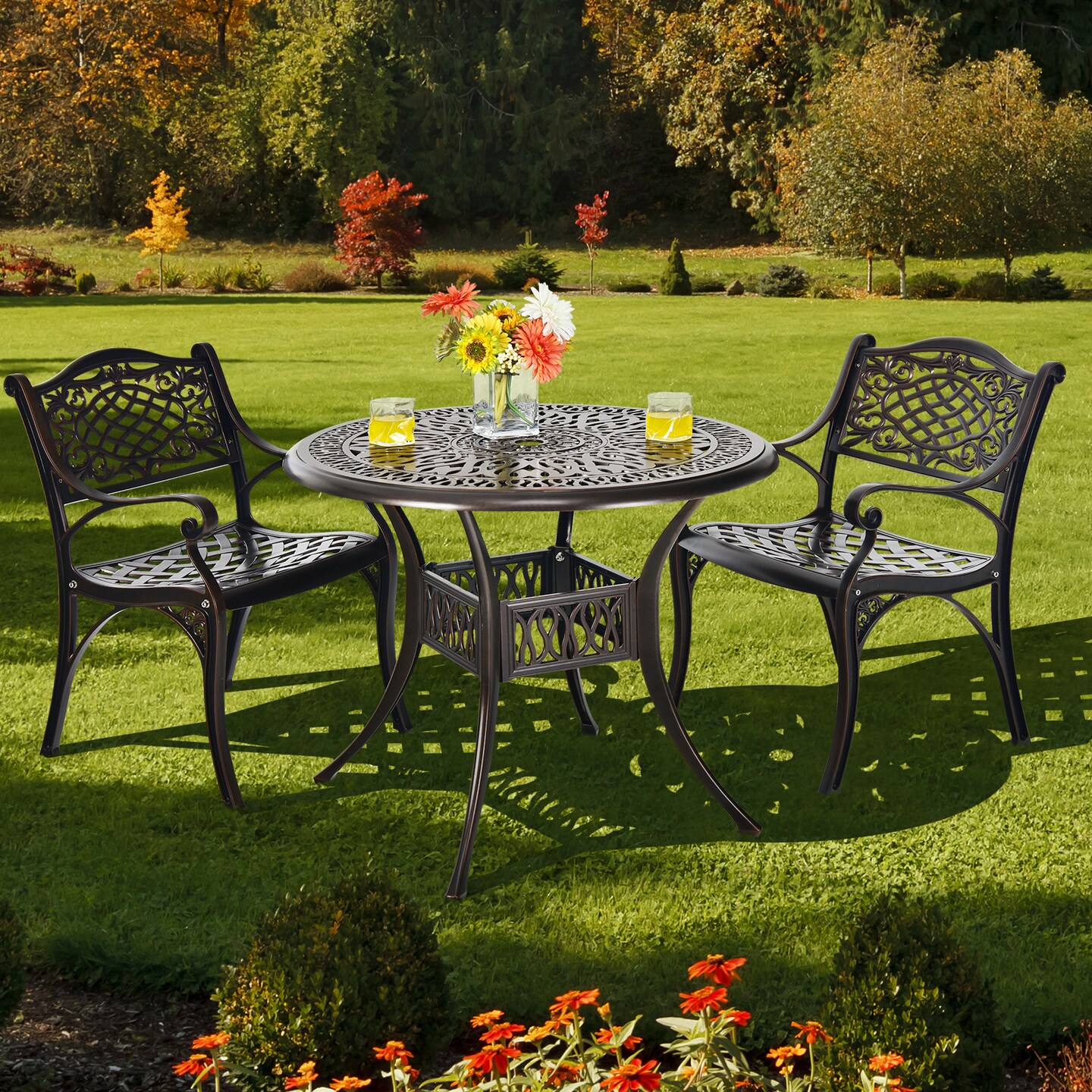 Brown Cast Aluminum Patio Table 36 Inch Outdoor Dining 4-Person Umbrella Hole