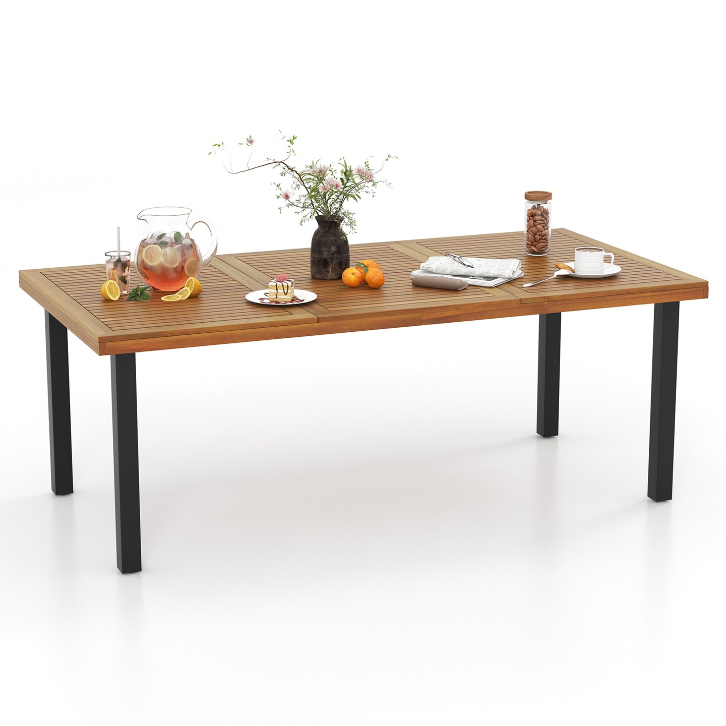 79" Acacia Wood Dining Table 8-person Patio Table With 1.9" Umbrella Hole And Adjustable Foot Pads