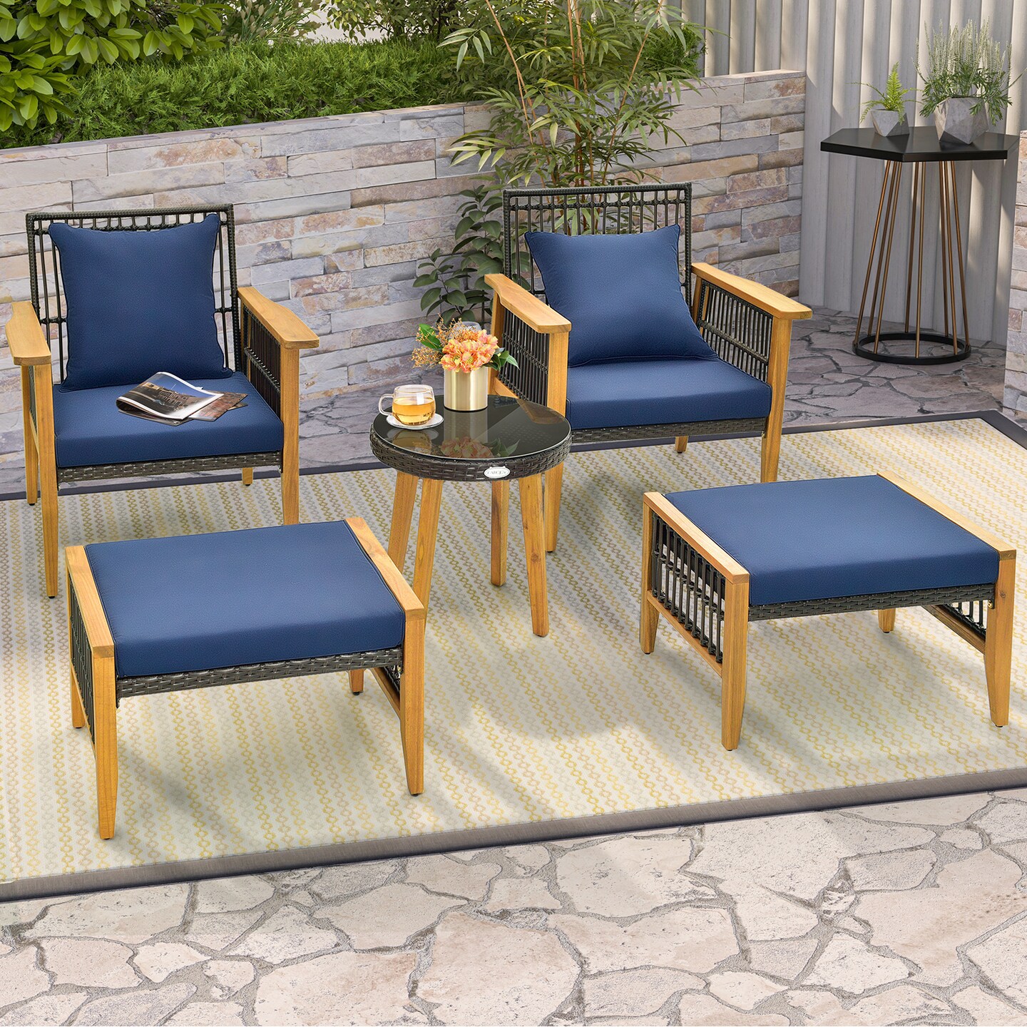 5 Piece Patio Furniture Set With Coffee Table And 2 Ottomans-navy