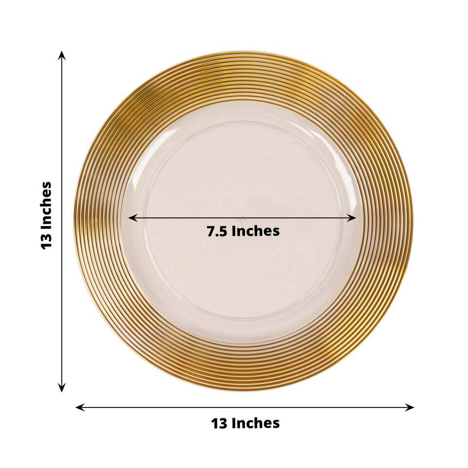 6 Clear 13&#x22; Round Plastic CHARGER PLATES Gold Lined Trim Party Events Tableware