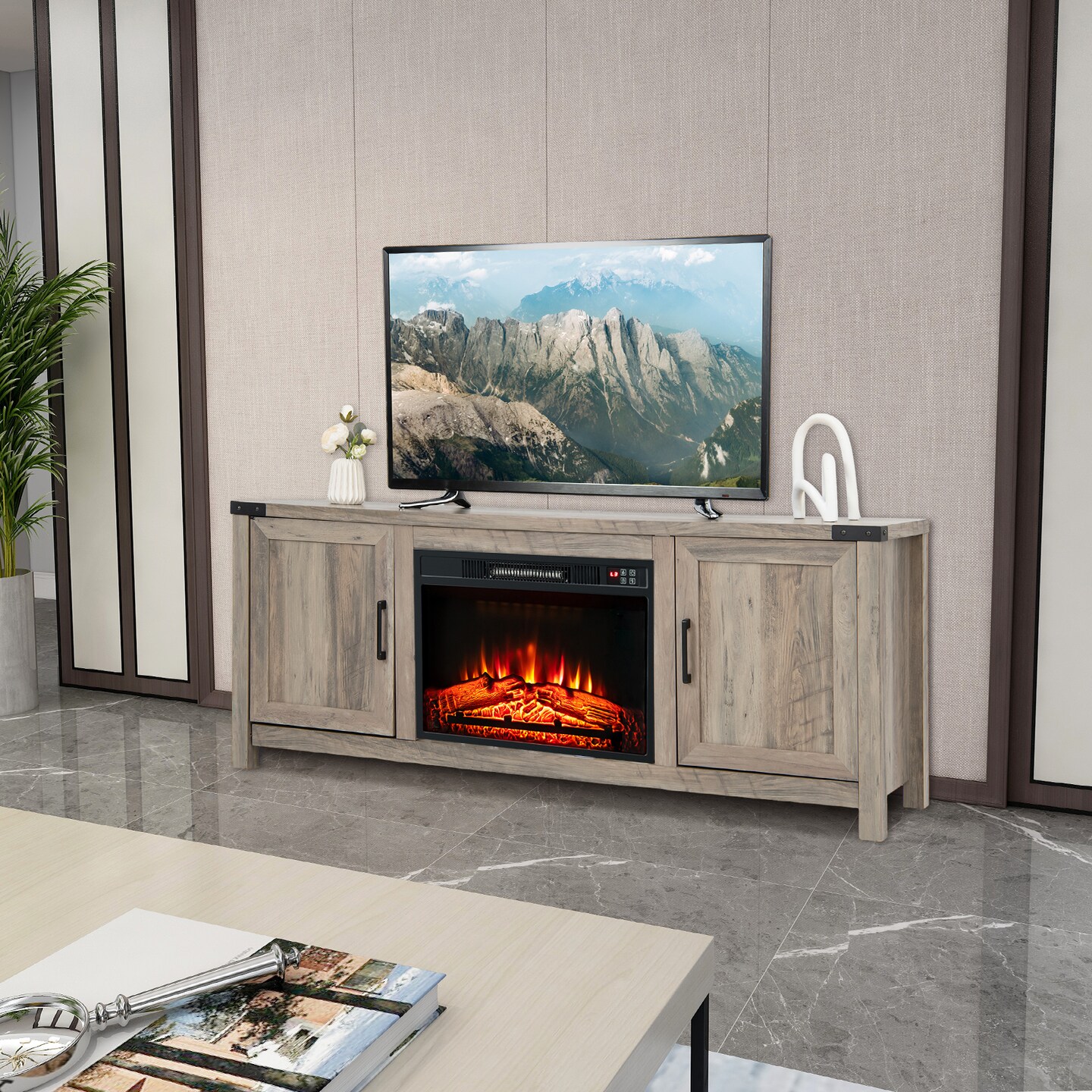 Natural Wooden TV Stand with Height Adjustable Shelves and 2 Storage Cabinets