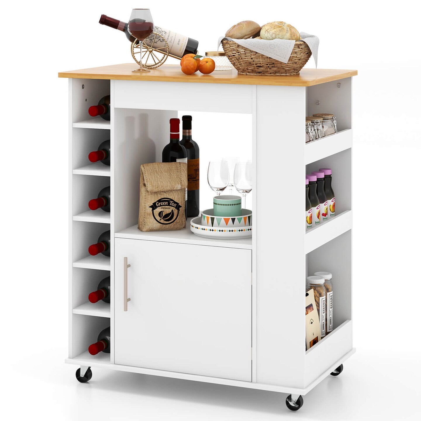White Kitchen Cart On Wheels With Wicker Top And 6-Bottle Wine Rack Perfect for Home