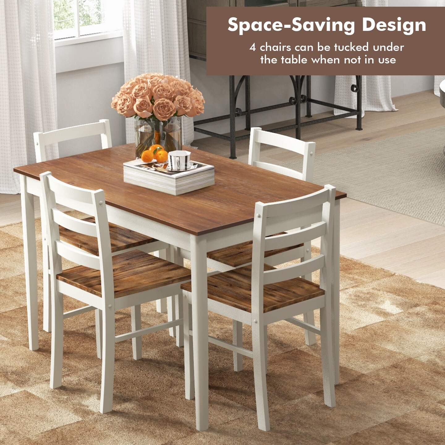 5-piece Wooden Dining Set With Rectangular Table And 4 Chairs-coffee And White