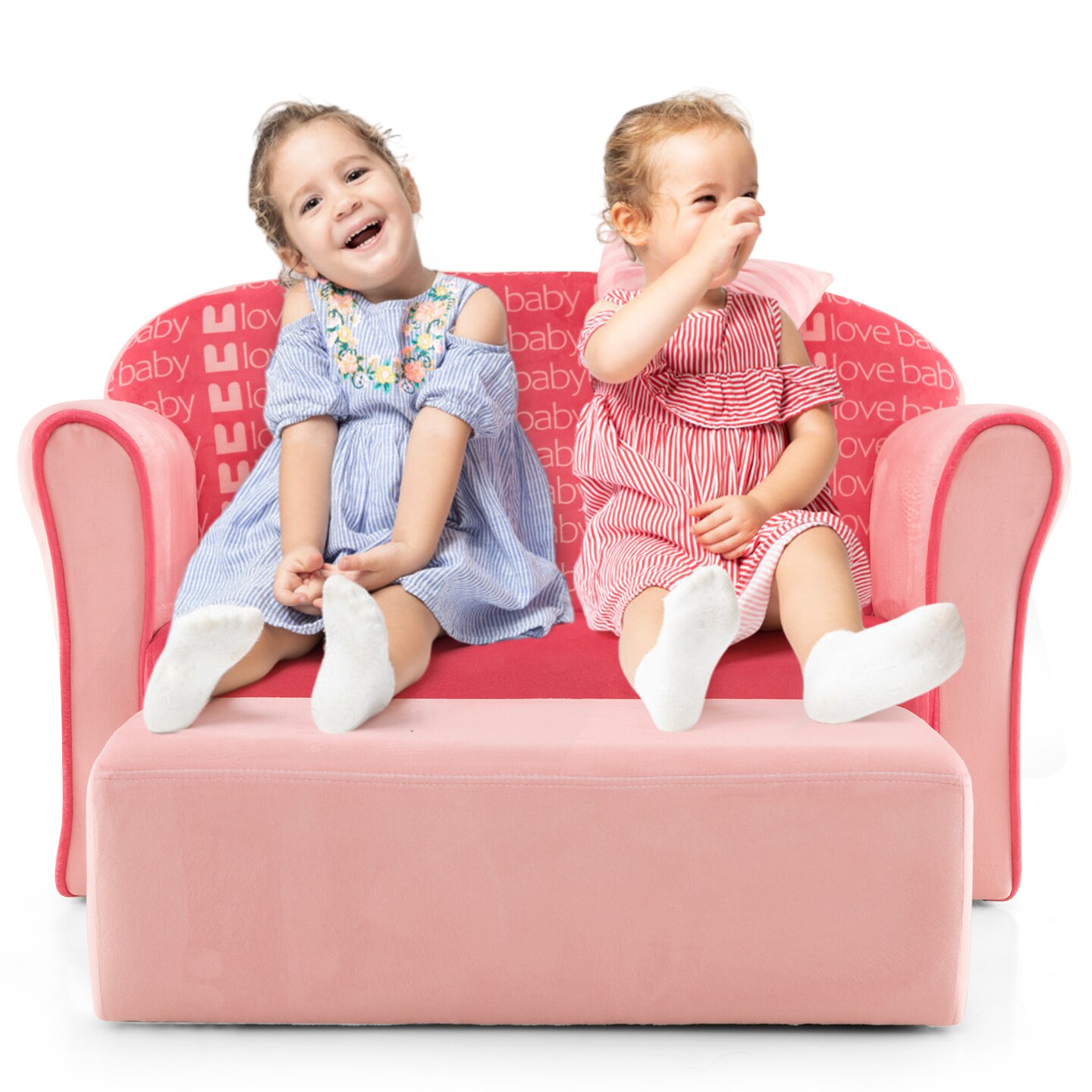Ultra Soft Velvet Kids Sofa Chair Toddler Couch With Ottoman-Pink