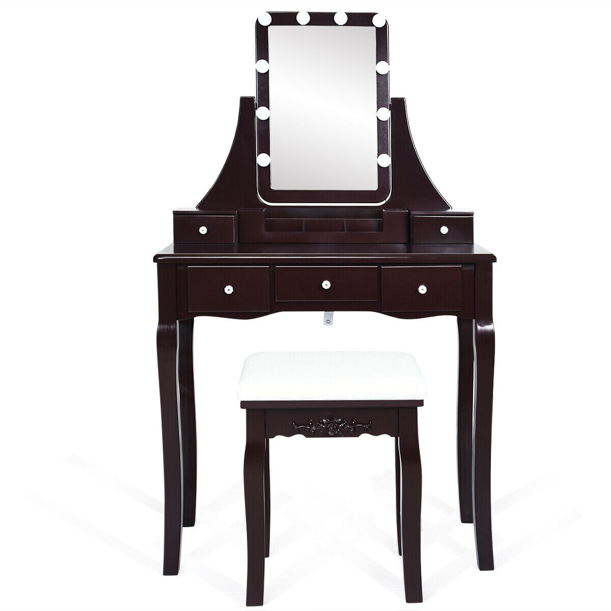 Vanity Dressing Table with 10 Dimmable Bulbs, 2 Storage Dividers and Stool