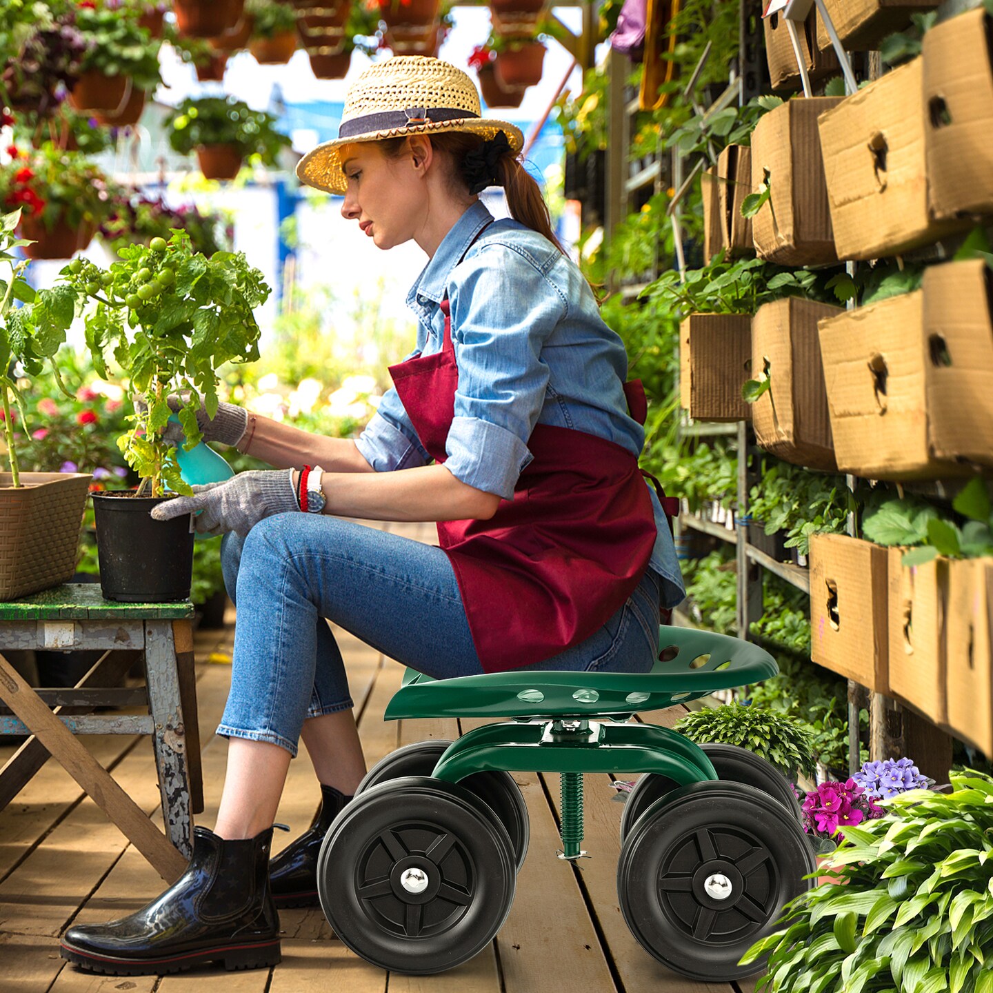 Garden Rolling Workseat with 360&#xB0;Swivel Seat and Adjustable Height-Green