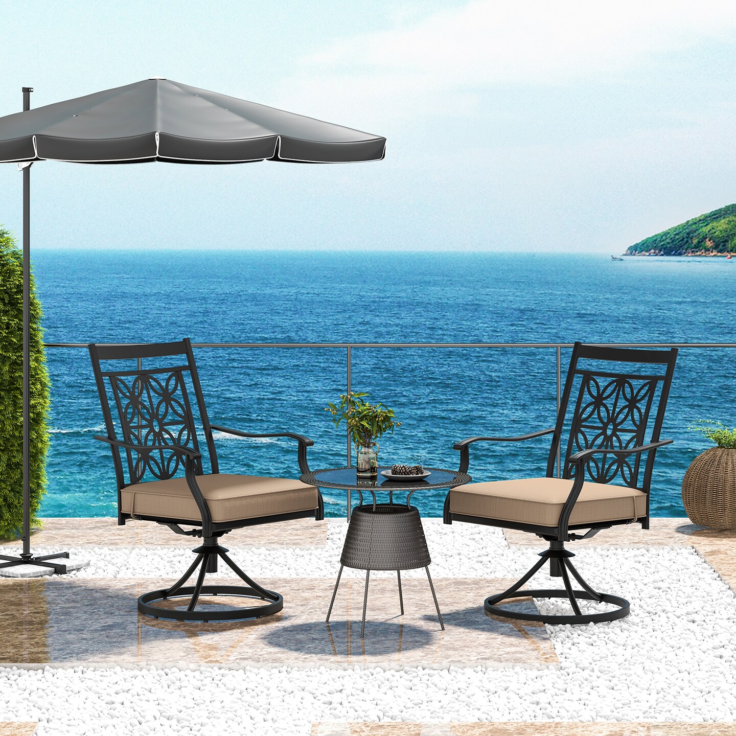 2 Pieces Patio Swivel Chairs With Blossom Pattern Backrest And Cushions-Black