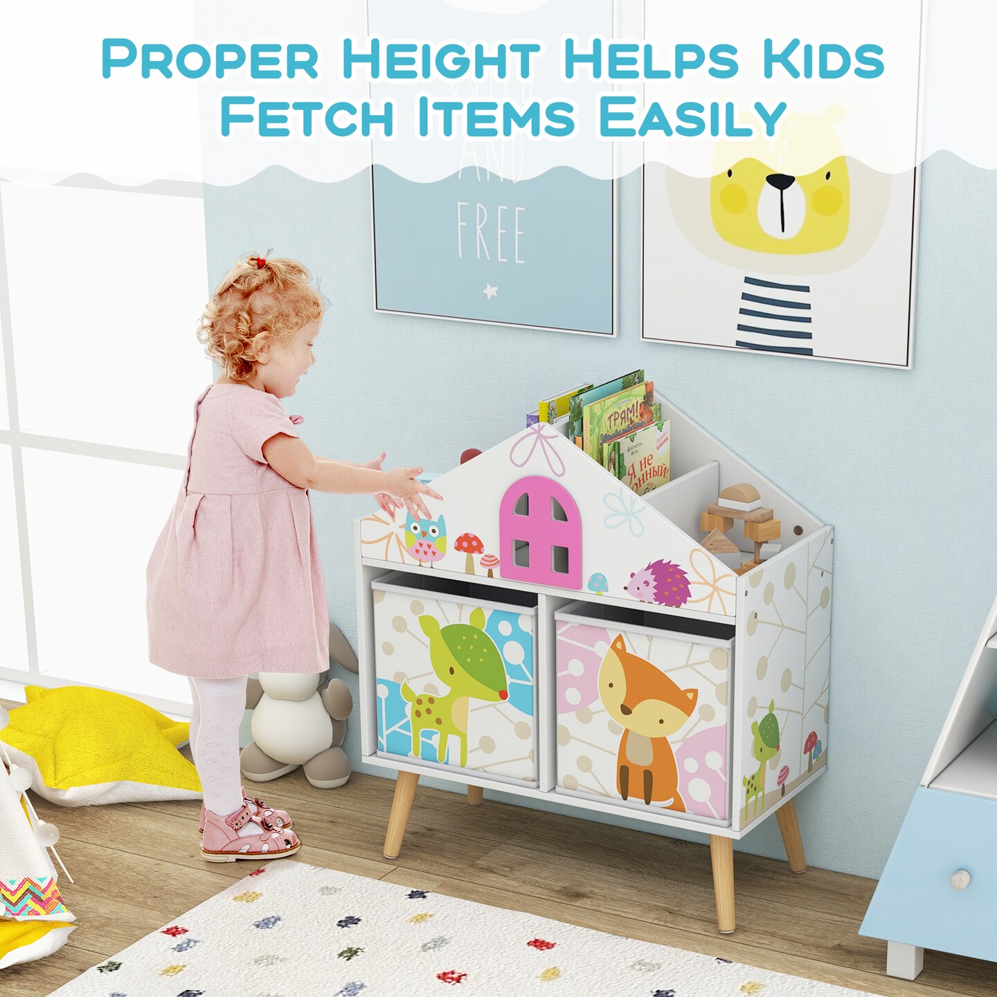 Kids House-shaped Bookshelf with 2 Storage Bins for Kids Room Playroom-White - 24.5&#x22; x 12&#x22; x 28&#x22;