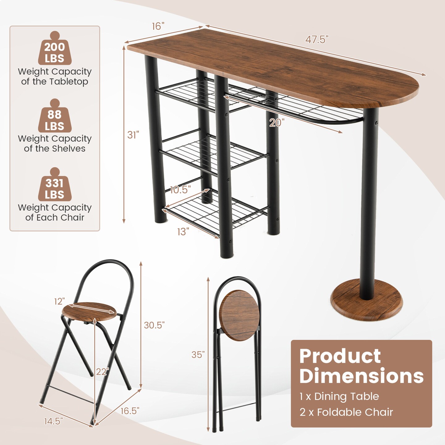 3 Pieces Retro Dining Table Set With 4-tier Storage Shelf