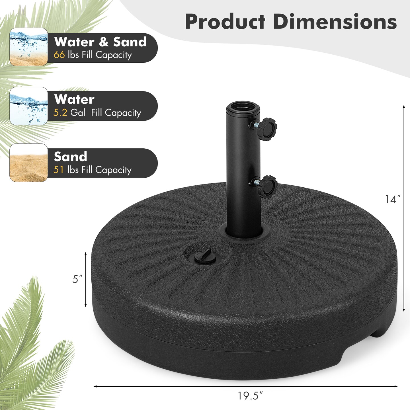 19.5 Inch Fillable Round Umbrella Base Stand for Yard Garden Poolside-Black
