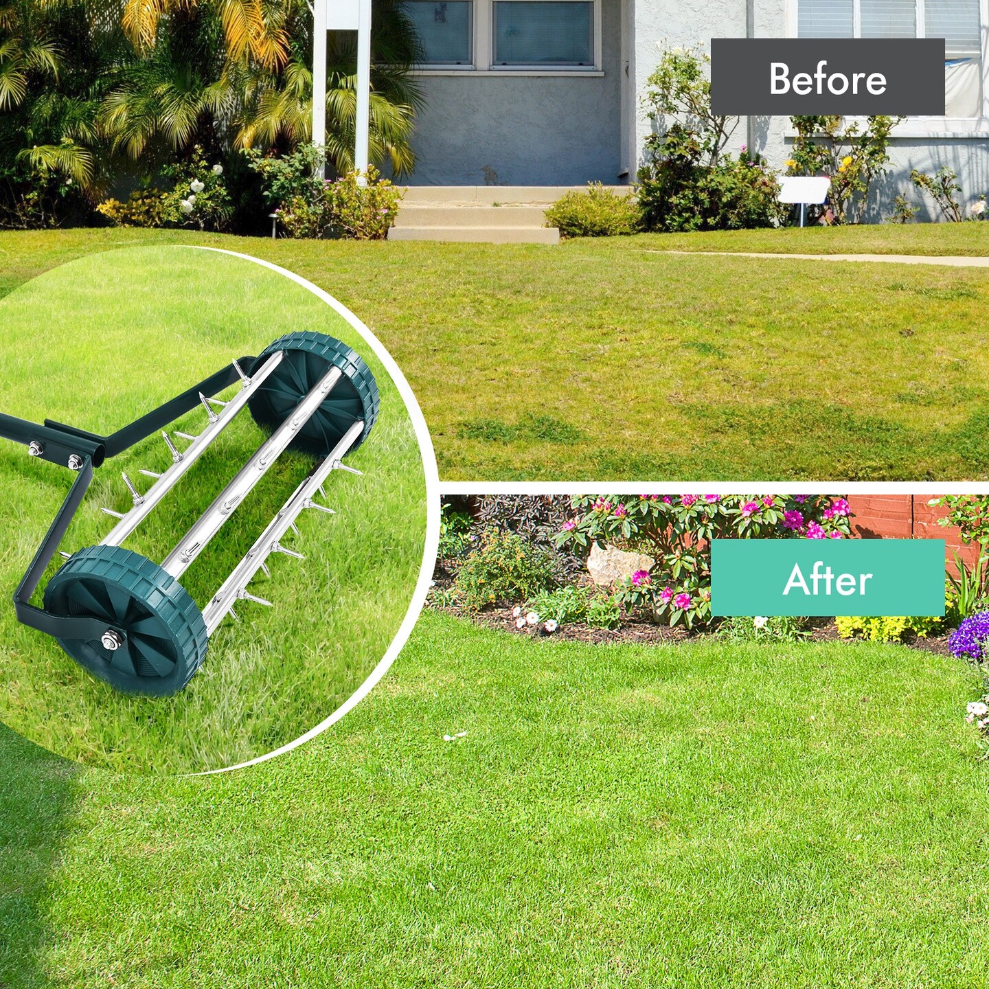 18 Inch Rolling Lawn Aerator with 3-Piece Handle for Soil Lawn