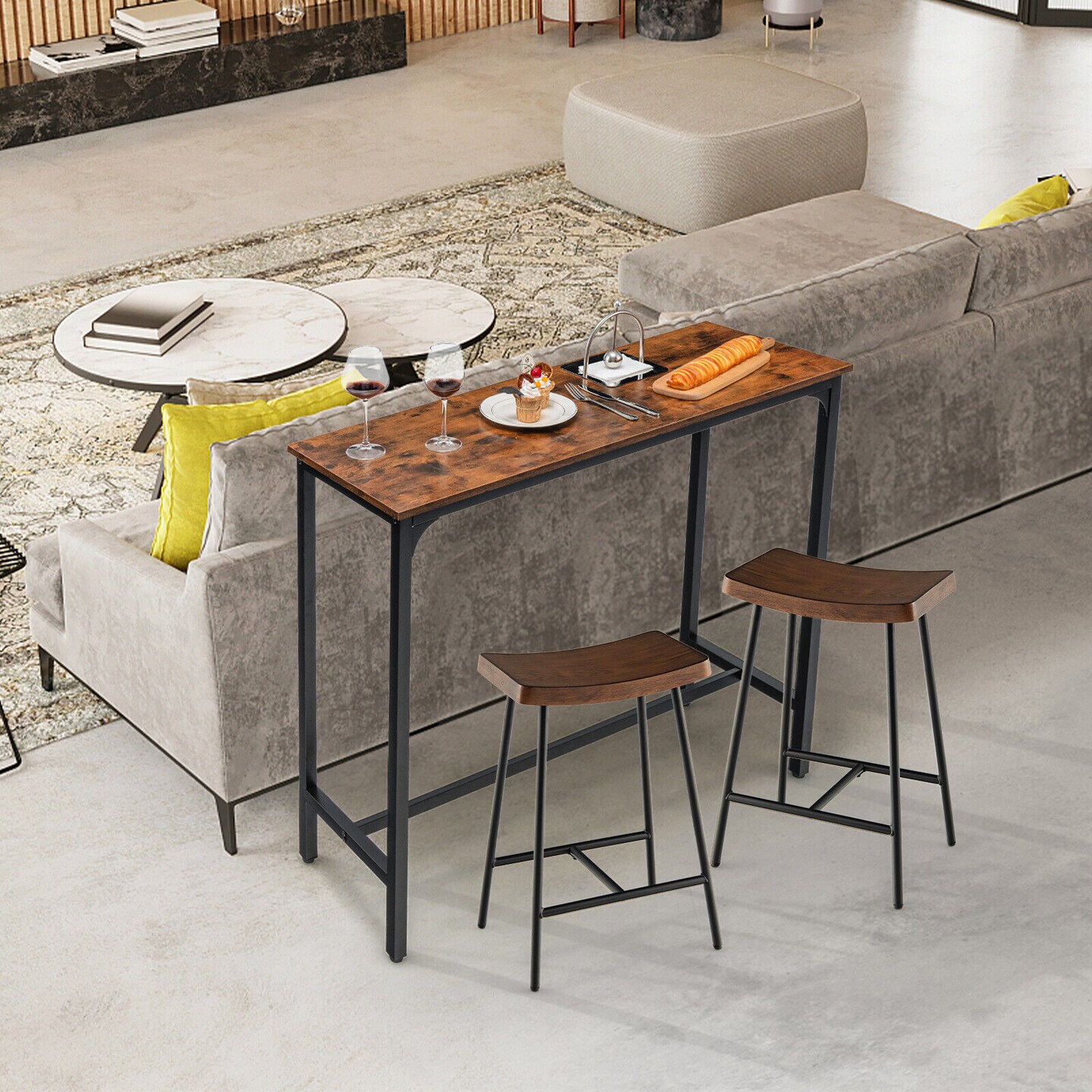 48 Inch Industrial Pub Dining Table with Steel Frame-Rustic Brown