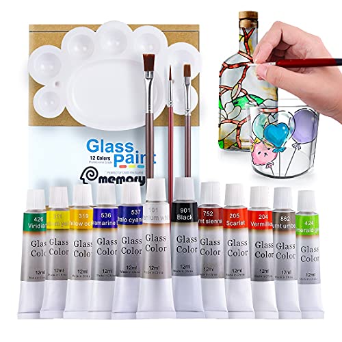 Colorful Stain Glass Paint Kit with 12 Colors, 3 Nylon Brushes, 1 Palette, Permanent Acrylic Enamel Painting Set to Create Translucent Arts on Transparent Wine Glasses, Enamel, Window and Glass