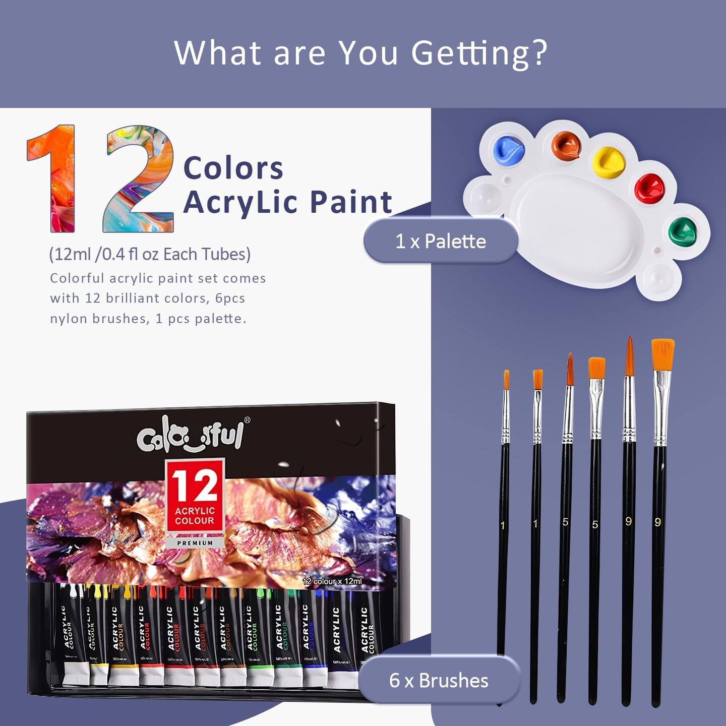 Acrylic Paint Set for Kids Crafts, 24 Colors Acrylic Art Supplies Paint with 6 Brushes &#x26;1 Palette Acrylic Crafts Paint Kit, Non-Toxic Wood Paint Kits for Kids, Beginners