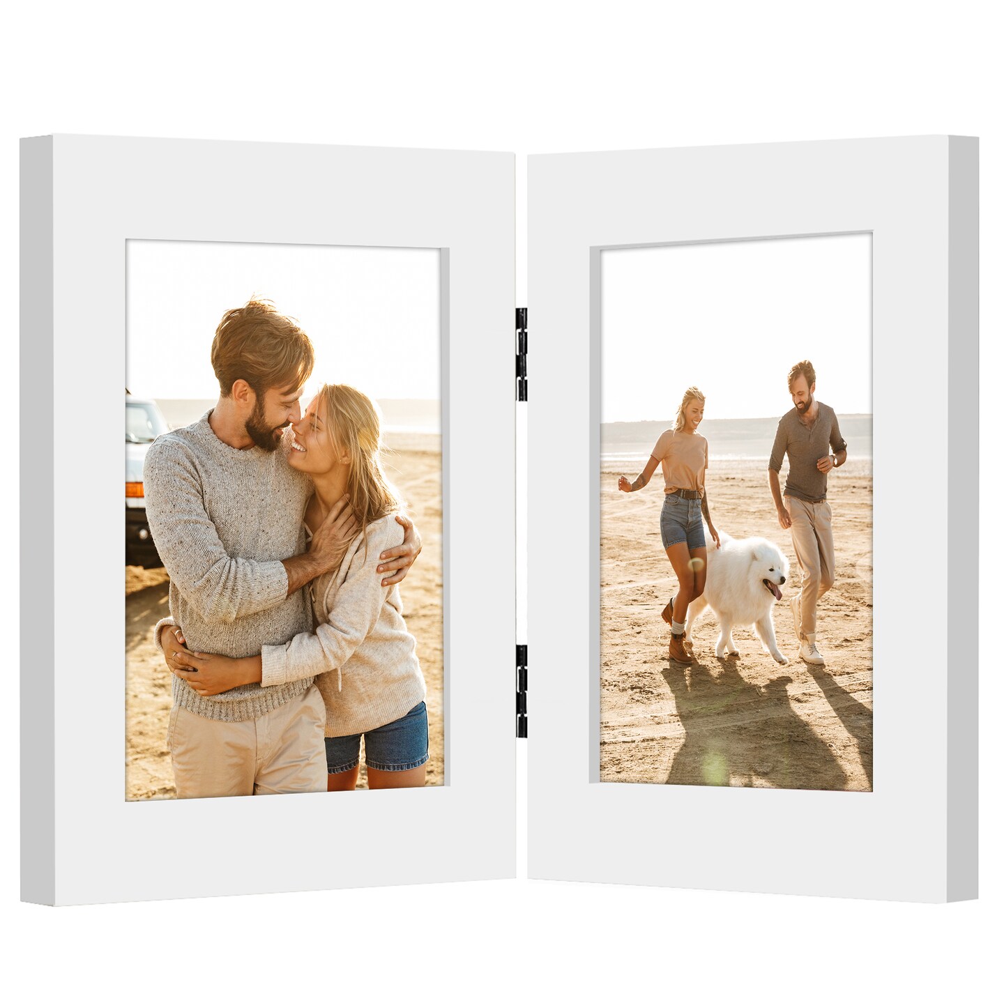 Americanflat Tri-Folding Picture Frame - Displays Two Photos at Once - Double Hinged Picture Frame - Shatter Resistant Glass - Tabletop Display Picture Frame - Black