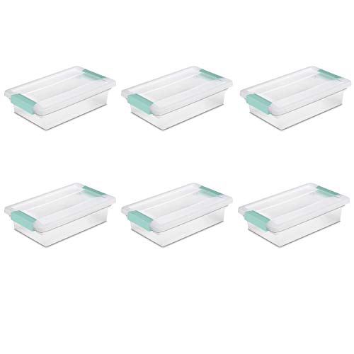 Sterilite Small Clip Box Stackable Storage Bin with Latching Lid, for Home, Office, School, Organize Paper, Notebooks, Crafts, Clear Lid, Base, 6-Pack
