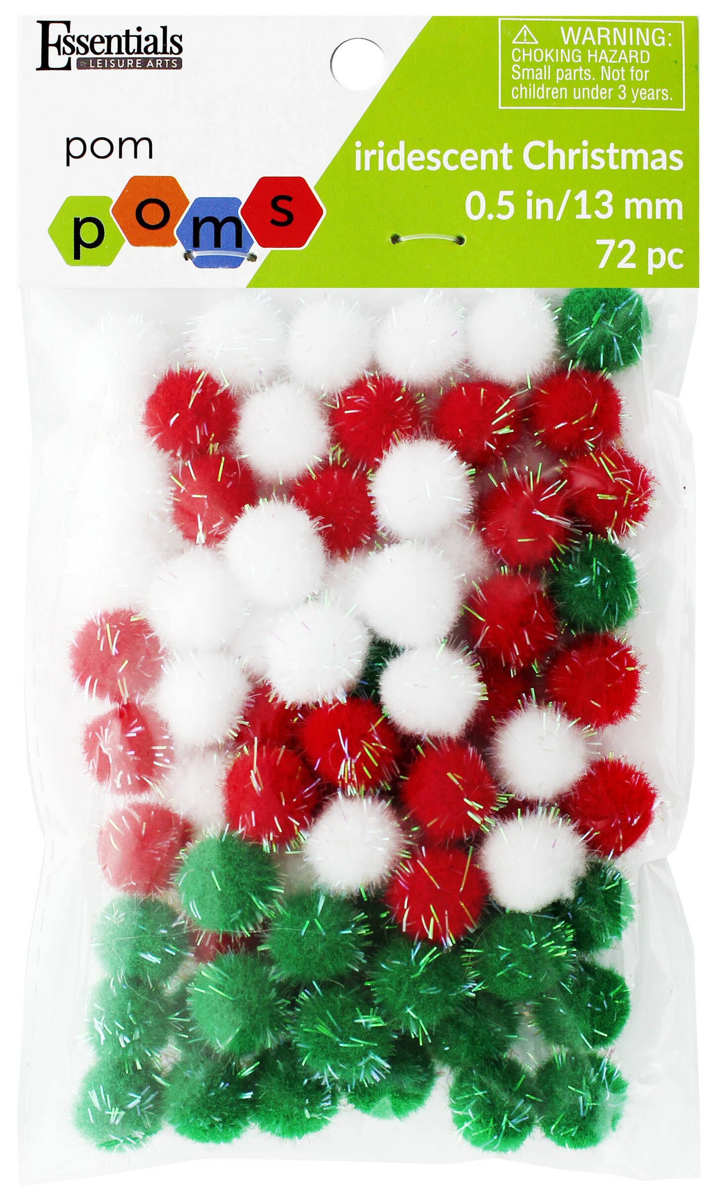 Essentials by Leisure Arts Pom Poms, Iridescent Christmas -1/2&#x22;, 72 Pieces per Pack