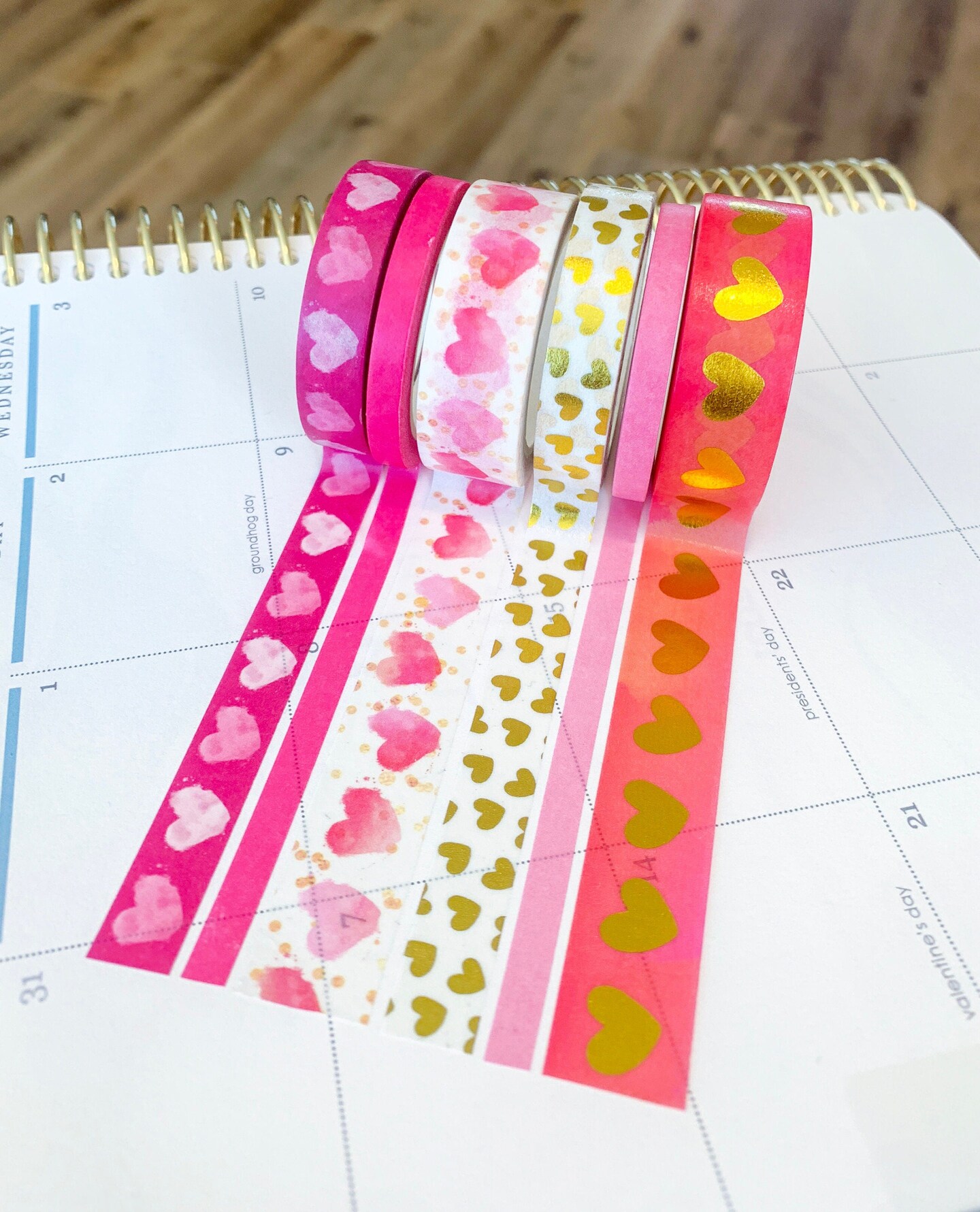 FOILED  Valentine&#x27;s Pink &#x26; Gold Hearts Washi Tape Set (#W014)