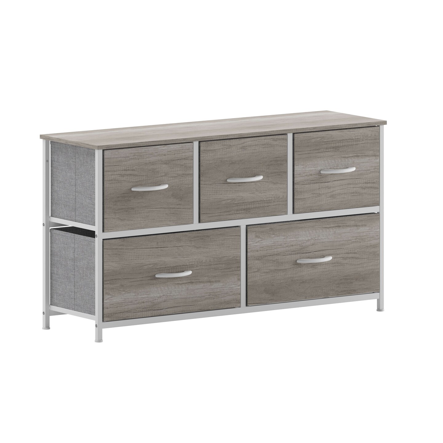 Emma and Oliver Marley 5 Drawer Storage Dresser with Cast Iron Frame, Wood Top, and Easy Pull Fabric Drawers with Wooden Handles