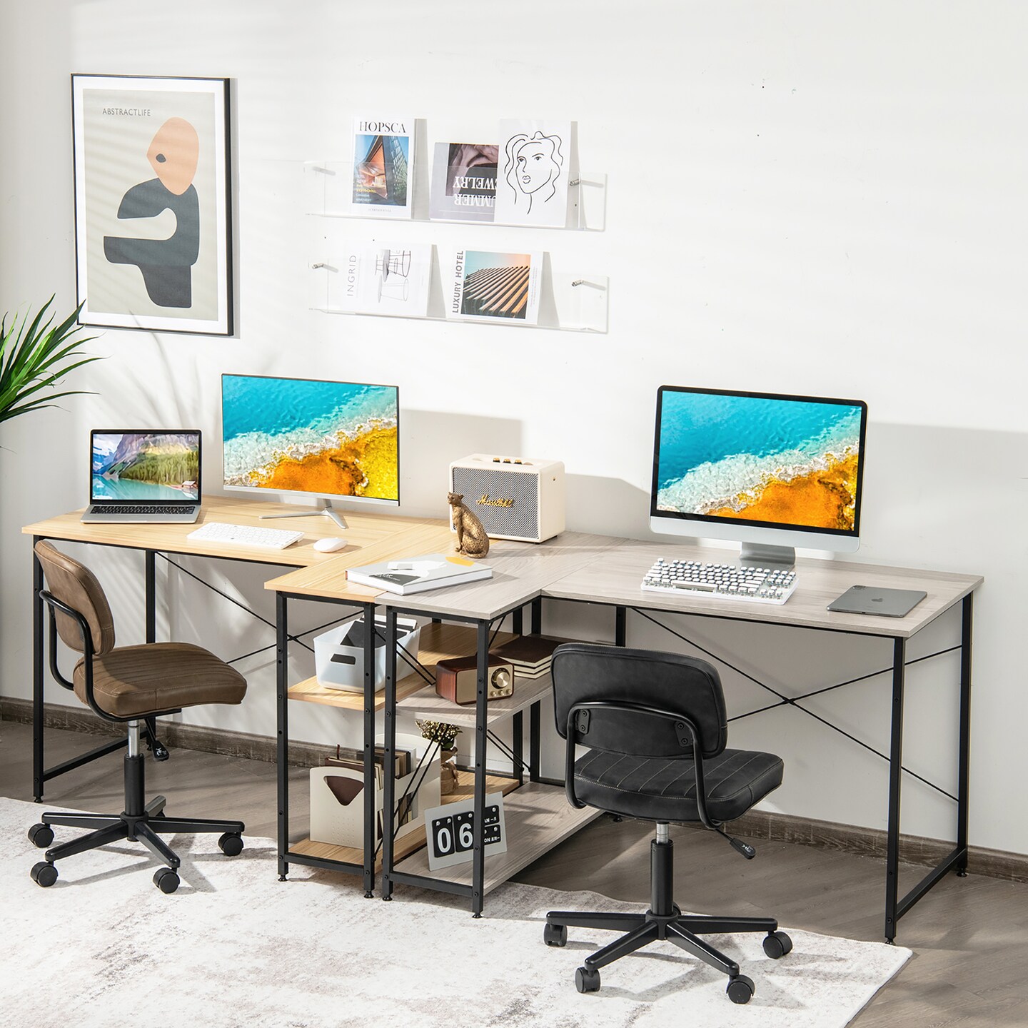Costway 48&#x27;&#x27; Reversible L Shaped Computer Desk Home Office Table Adjustable Shelf Brown\Gray\Natural