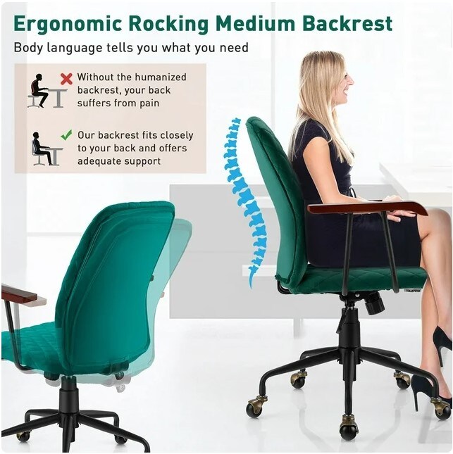 Swivel Adjustable Task Chair with Wooden Armrest Green Velvet Home Office Chair
