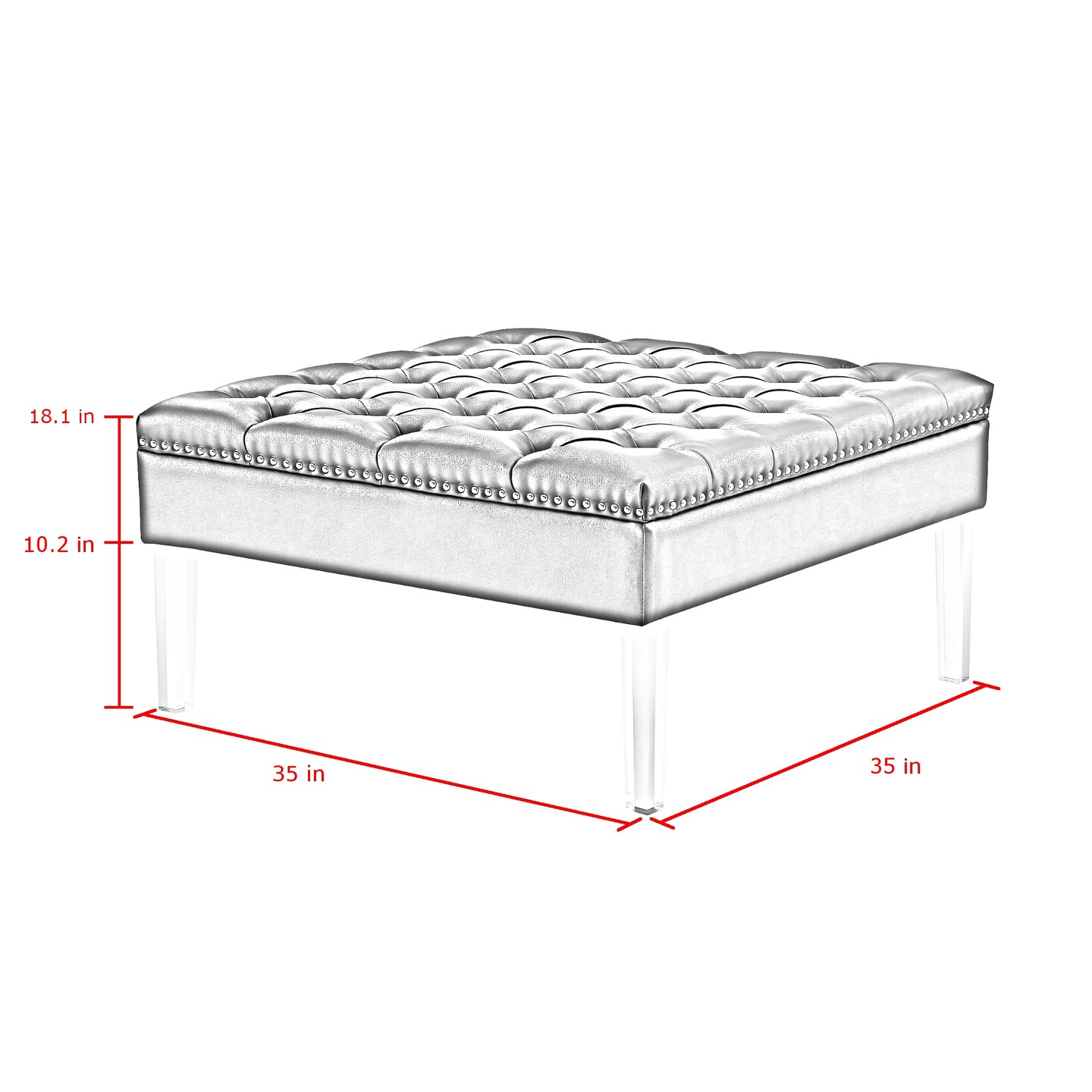 Skye PU Leather Button Tufted Nailhead Trim Acrylic Leg Square Cocktail Table Ottoman