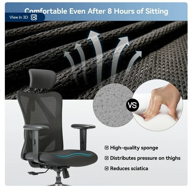 Ergonomic Office Chair, Mesh Computer Desk Chair with Adjustable Lumbar Support, Big and Tall High Back Chair in Black
