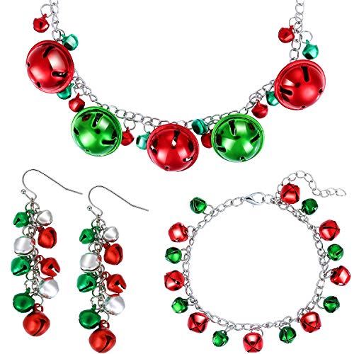 4 Pieces Christmas Bell Jewelry Set Includes Bells Necklace Bracelet Dangle Earring for Christmas Party