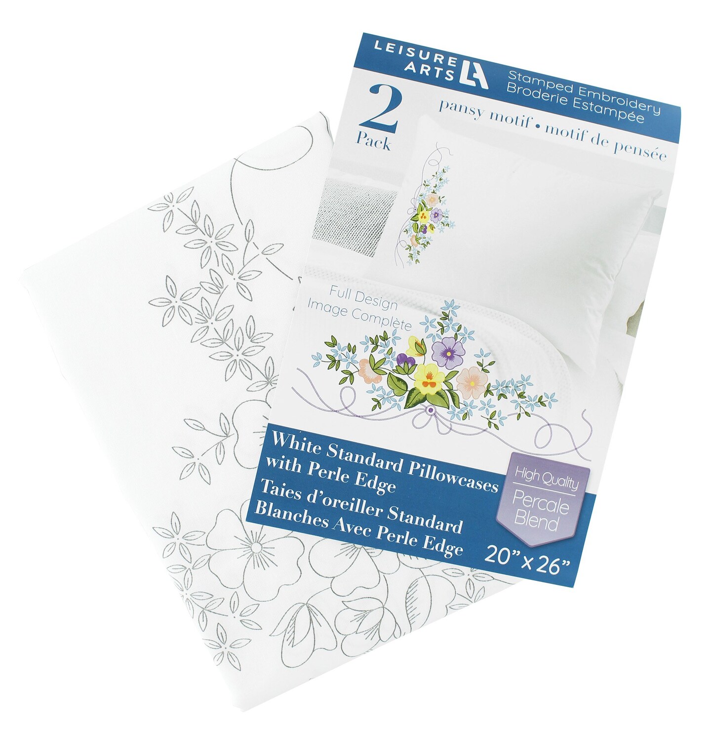 Leisure Arts Pillowcase 20&#x22;x26&#x22; Pansy Motif 2pc, Embroidery Pillow Kit, Stamped Embroidery Pillowcases, Embroidery Pillow Cases Stamped, Stamped Cross Stitch Pillow Cases