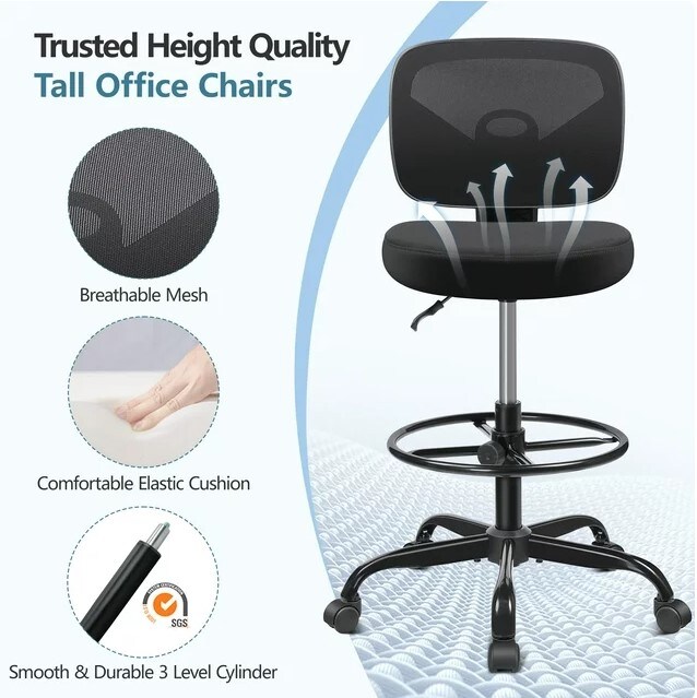 Tall Office Desk Chair with Adjustable Height and Footring, Low-Back Ergonomic Standing Desk Chair Mesh Rolling Tall Chair for Art Room, Office, or Home