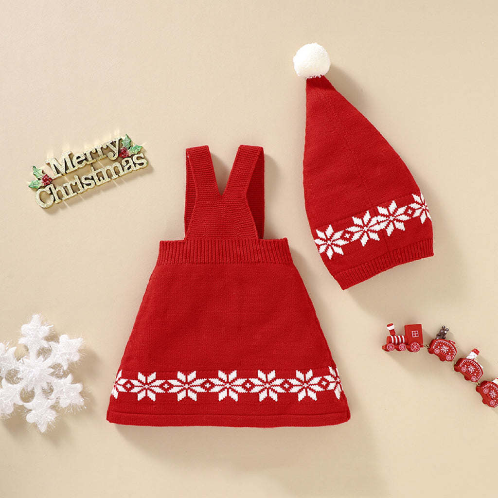 Baby Geometric Print Pattern Strap Design Dress &#x26; Christmas Hat Sets