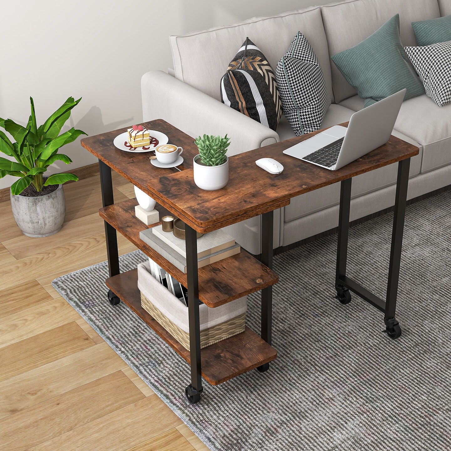 Rotating Sofa Side Table with Wheels Sliding Laptop Desk with Storage Shelves for Small Spaces