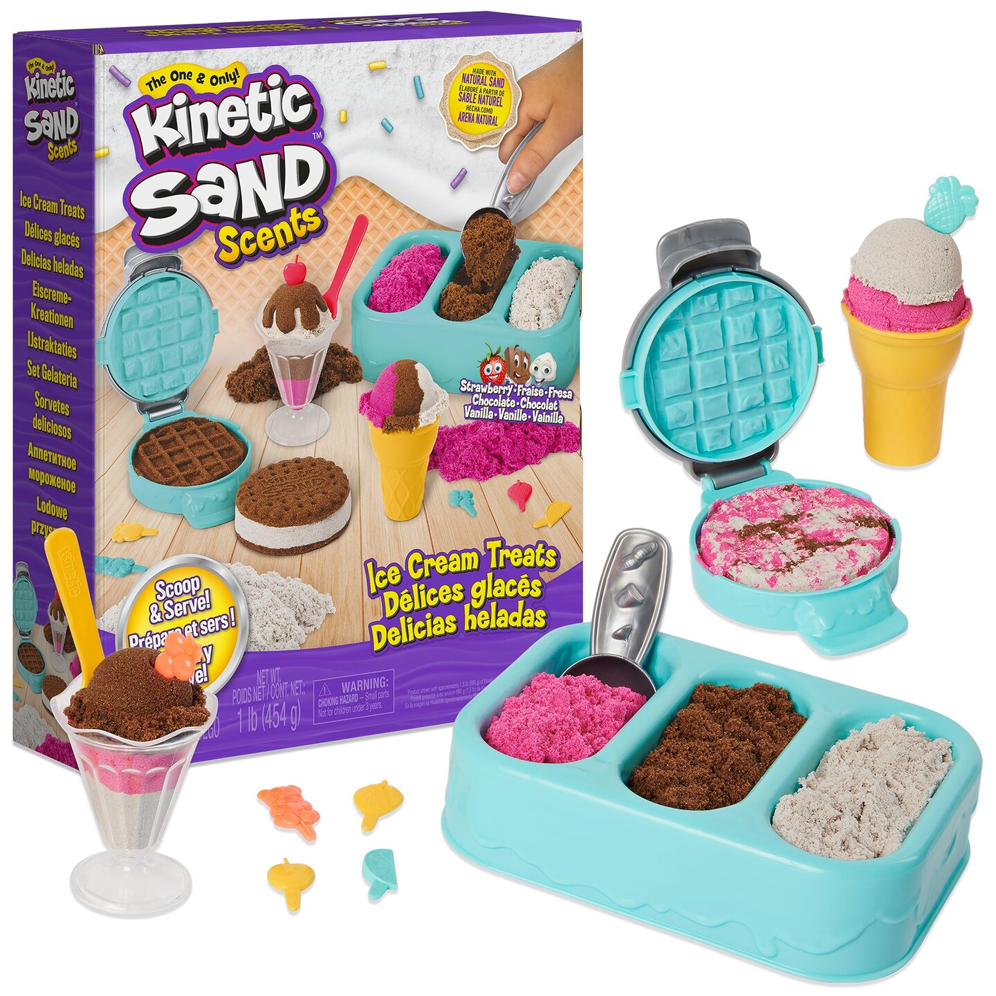 Kinetic Sand Scents, Ice Cream Treats Playset with 3 Colors of All-Natural Scented Play Sand &#x26; 6 Serving Tools, Sensory Toys, Christmas Gifts for Kids